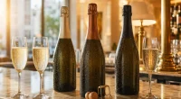 Tre proseccoflaskor på hotellbar med champagneglas och bubblor