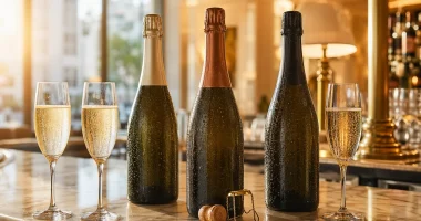 Tre proseccoflaskor på hotellbar med champagneglas och bubblor