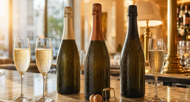 Tre proseccoflaskor på hotellbar med champagneglas och bubblor