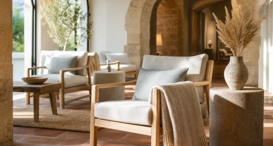 Ljus nordisk inredning i lounge på boutiquehotell i historisk sydeuropeisk byggnad