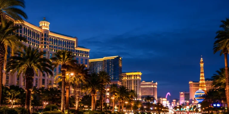 Hotelltorn och palmer längs Las Vegas Strip i skymningen