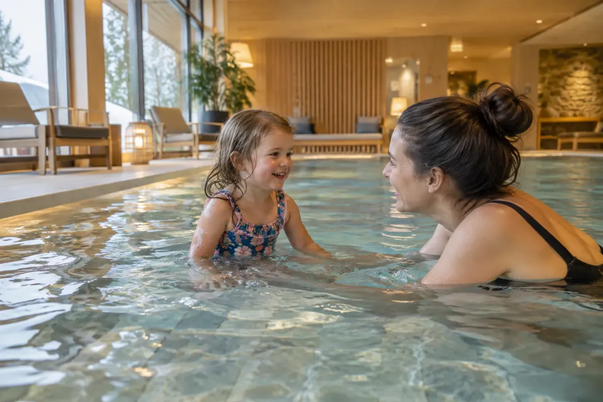 Barn och förälder som badar tillsammans i en grund inomhuspool på ett hotell