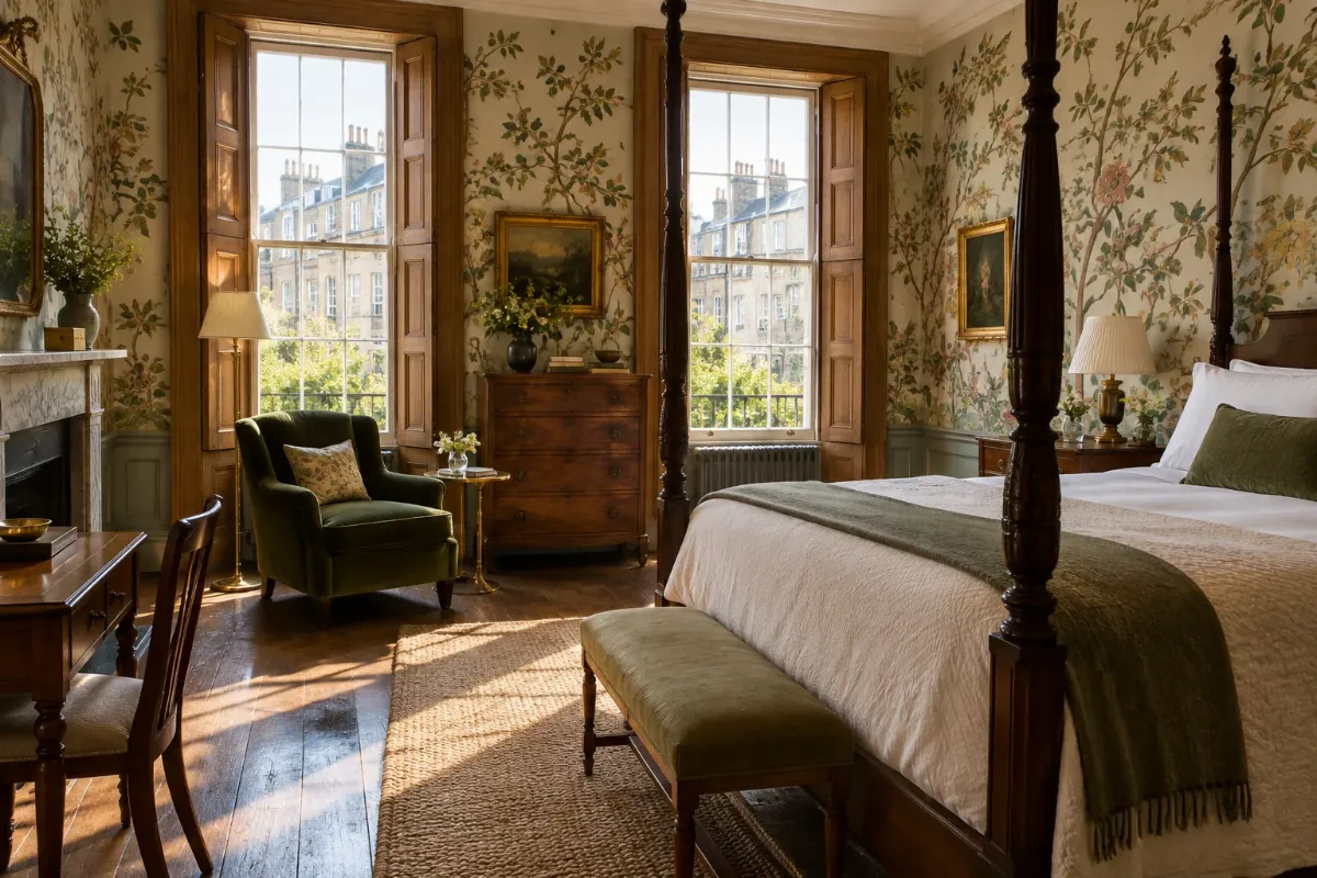 Hotellrum med handmålade tapeter och antika möbler i ett äldre hus