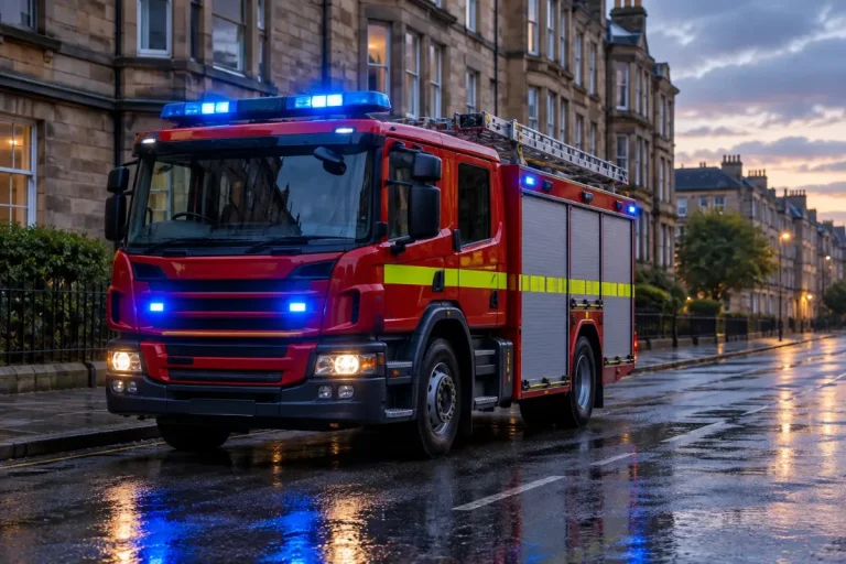 Brandbil vid en stadsgata i skymningen