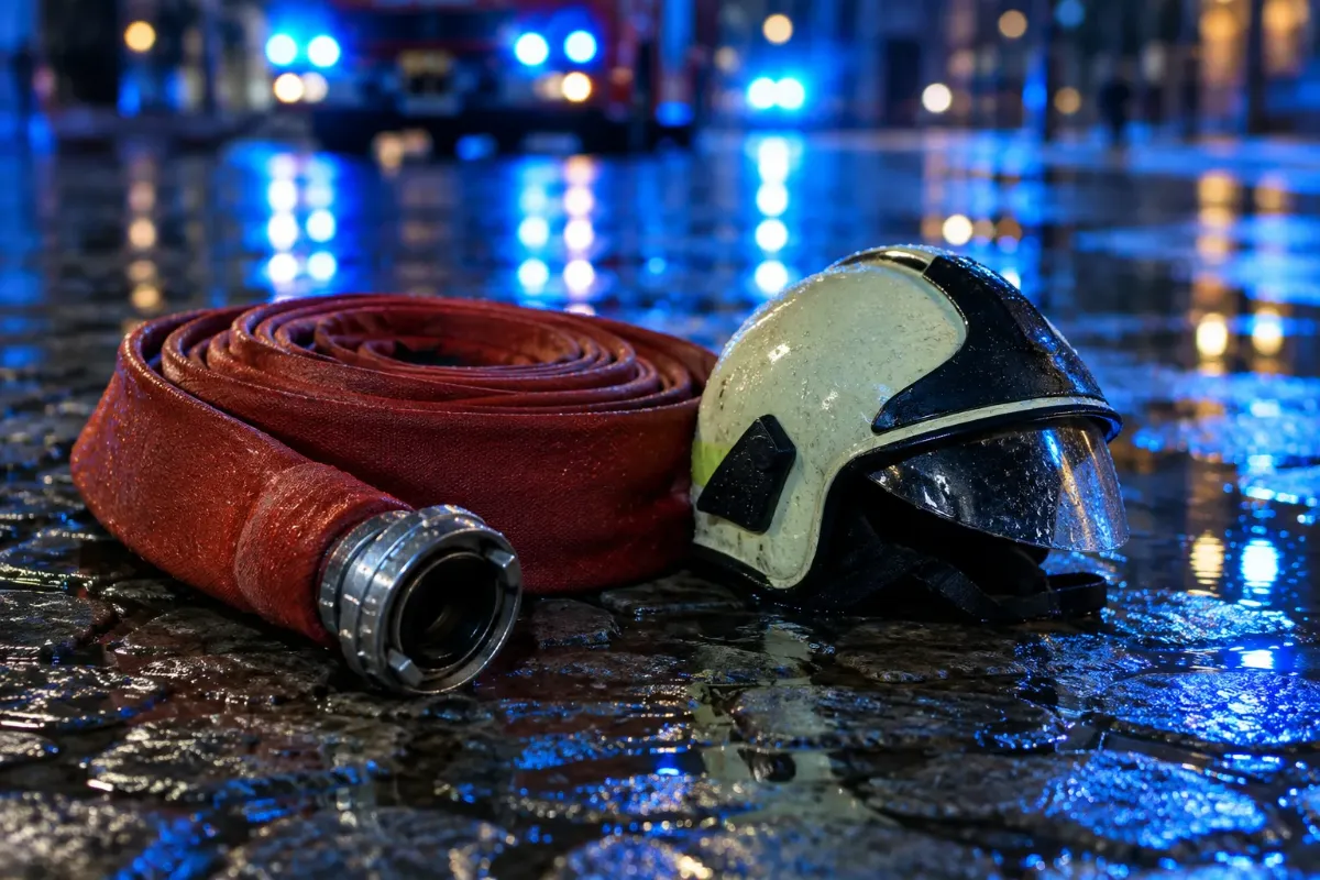 Brandslang och brandhjälm på våt gatsten i blått ljus