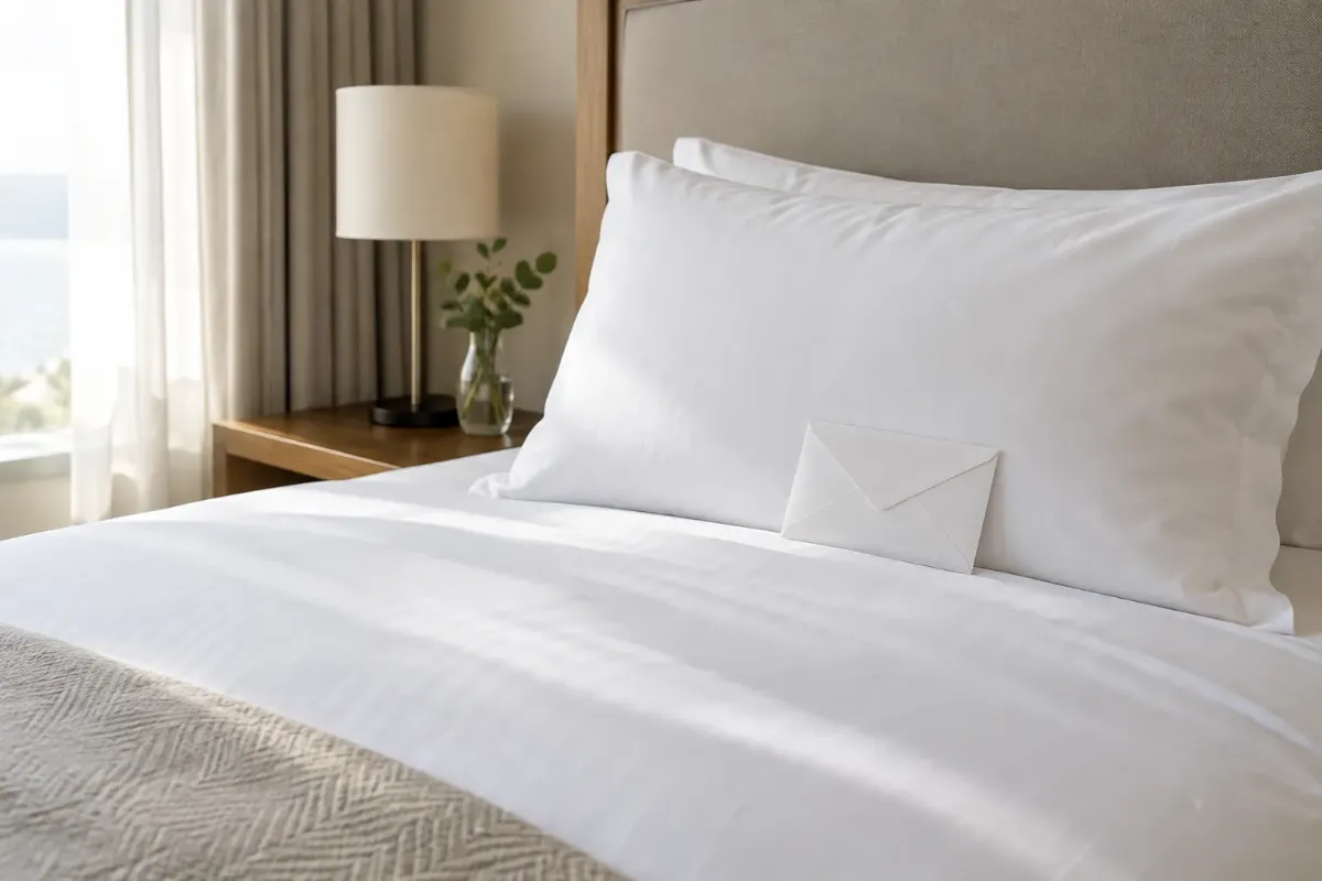 Bäddad hotellsäng med ett kuvert på kudden