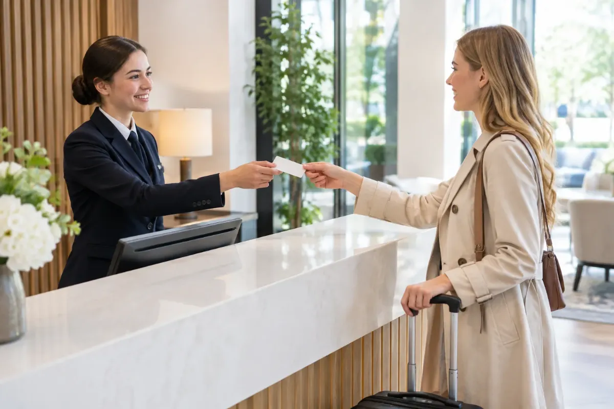 Elev på apl i en hotellreception lämnar över ett nyckelkort till en gäst