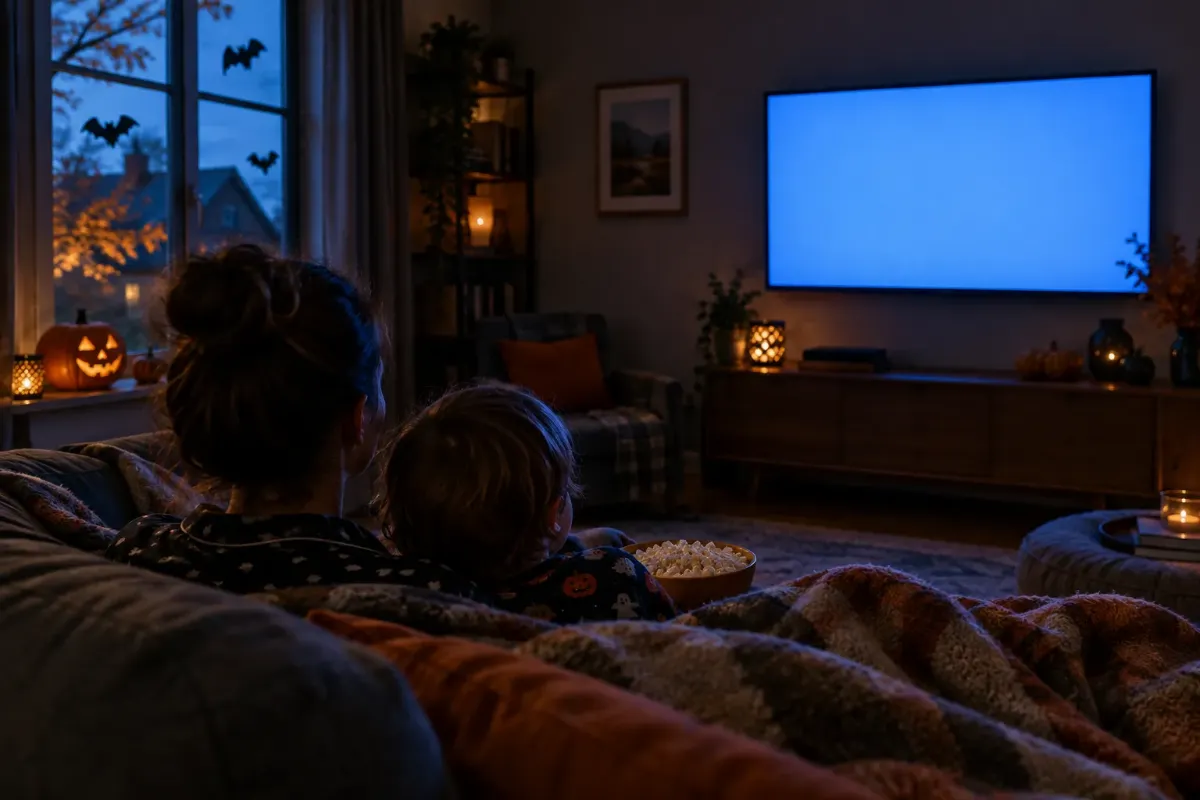 En förälder och ett barn i pyjamas ser på tv i soffan en höstkväll med popcorn och en urholkad pumpa