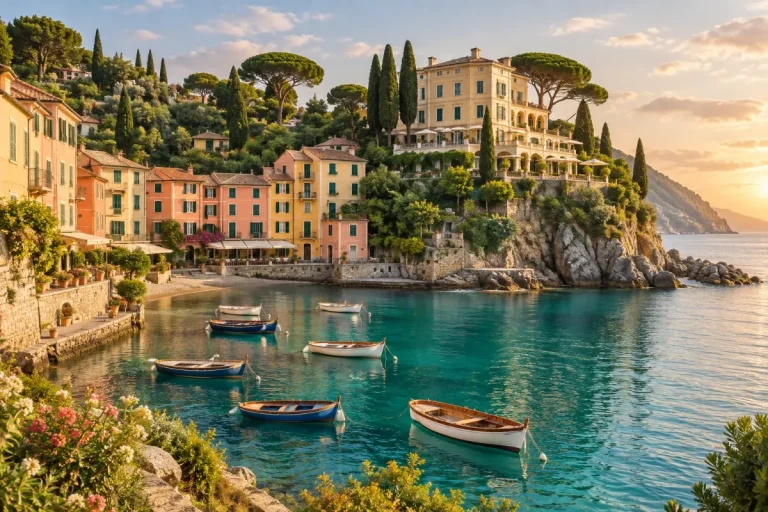 En pastellfärgad italiensk kustby vid en liten hamn med en villa på klippan ovanför viken