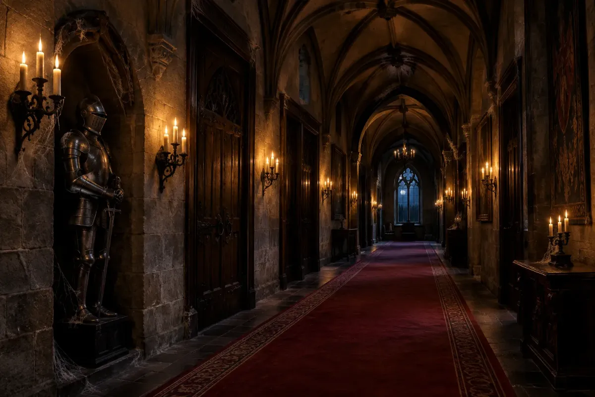 En tom hotellkorridor i ett gammalt slott med röd matta, levande ljus och en rustning i en nisch