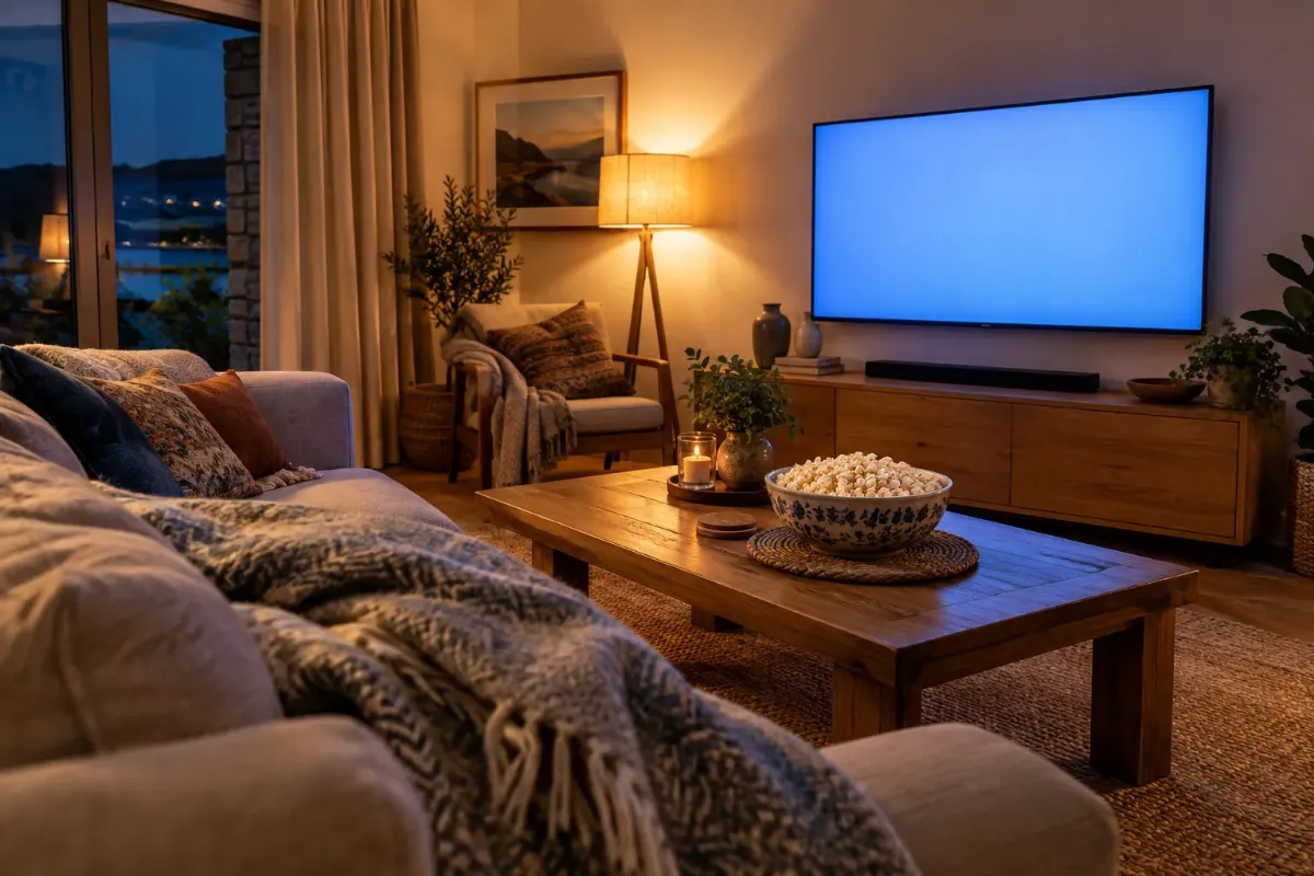 Ett mysigt vardagsrum på kvällen med soffa, filtar och en skål popcorn framför en tv