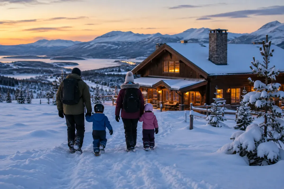 Familj med två barn i skidkläder på väg till ett fjällhotell i snön