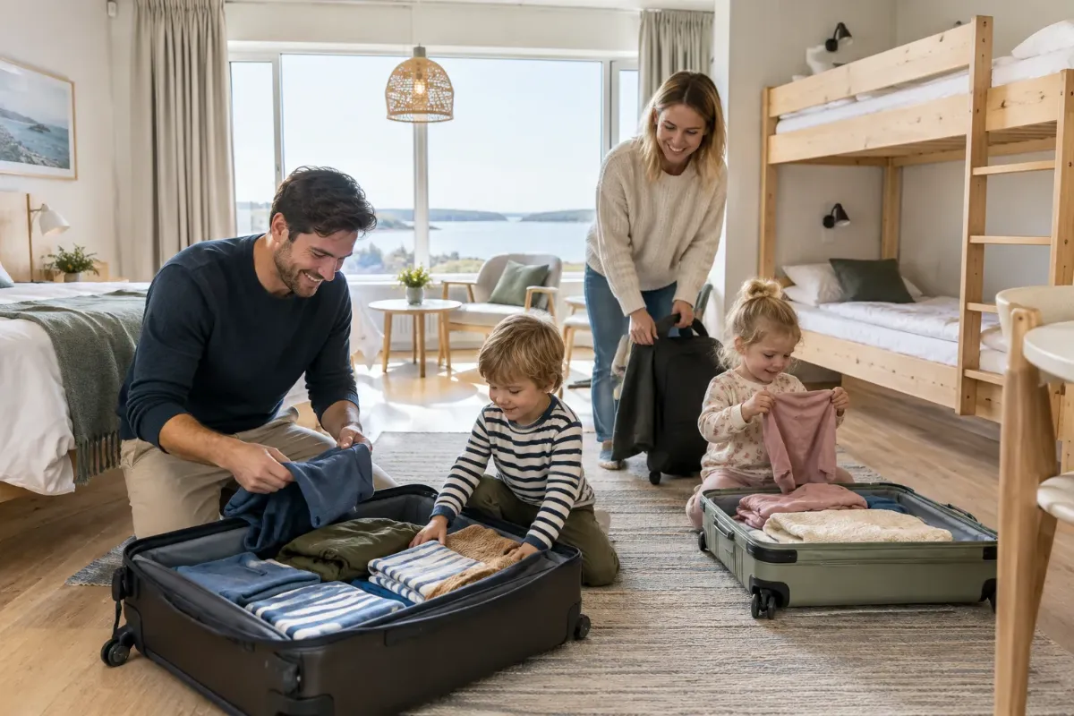 Familj med två barn packar upp resväskor i ett rymligt familjerum på hotell