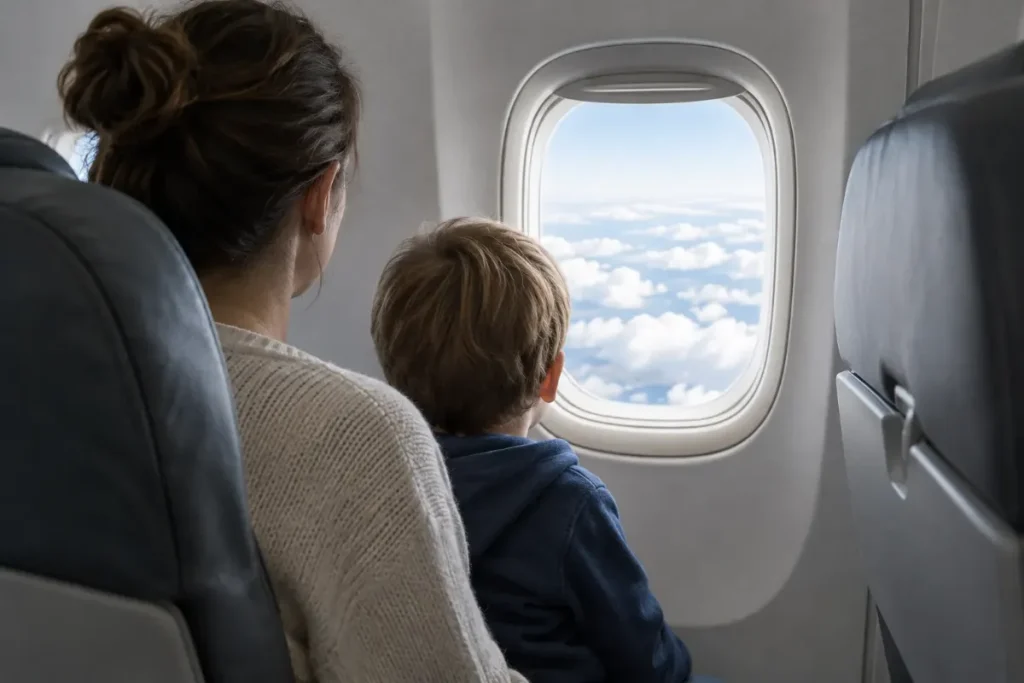 Förälder och barn sitter bredvid varandra i ett flygplan och tittar ut genom fönstret