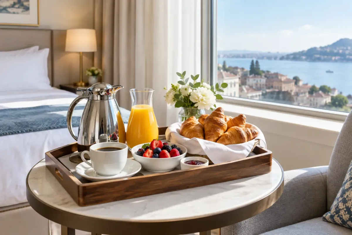 Frukostbricka med kaffe, apelsinjuice, croissanter och bär på ett bord vid fönstret i ett ljust hotellrum