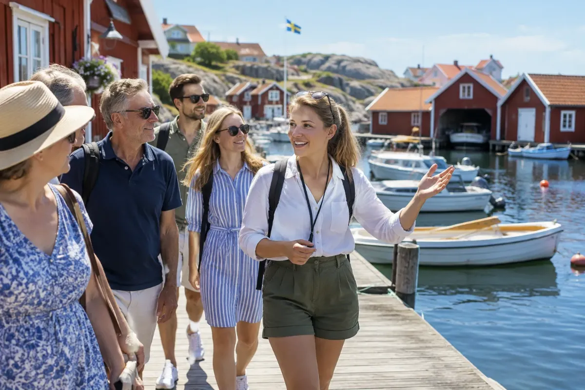 Guide visar en grupp turister runt i en svensk kustby en sommardag
