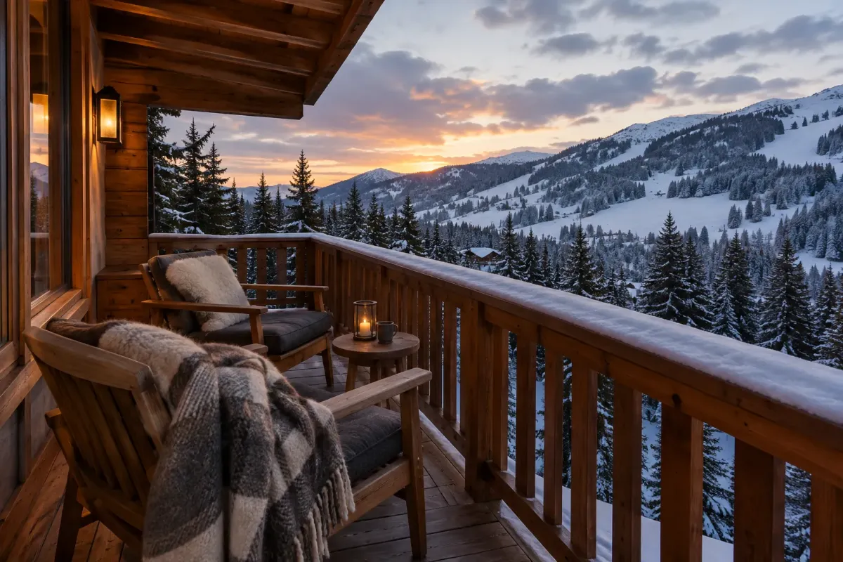 Hotellbalkong med två stolar och en filt mot snötäckta fjällsluttningar