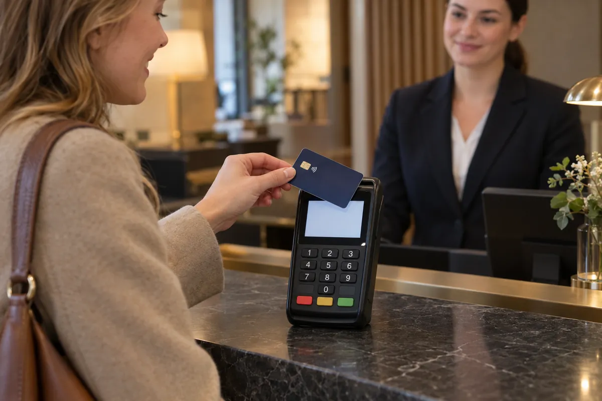 Hotellgäst som betalar med kort i en hotellreception