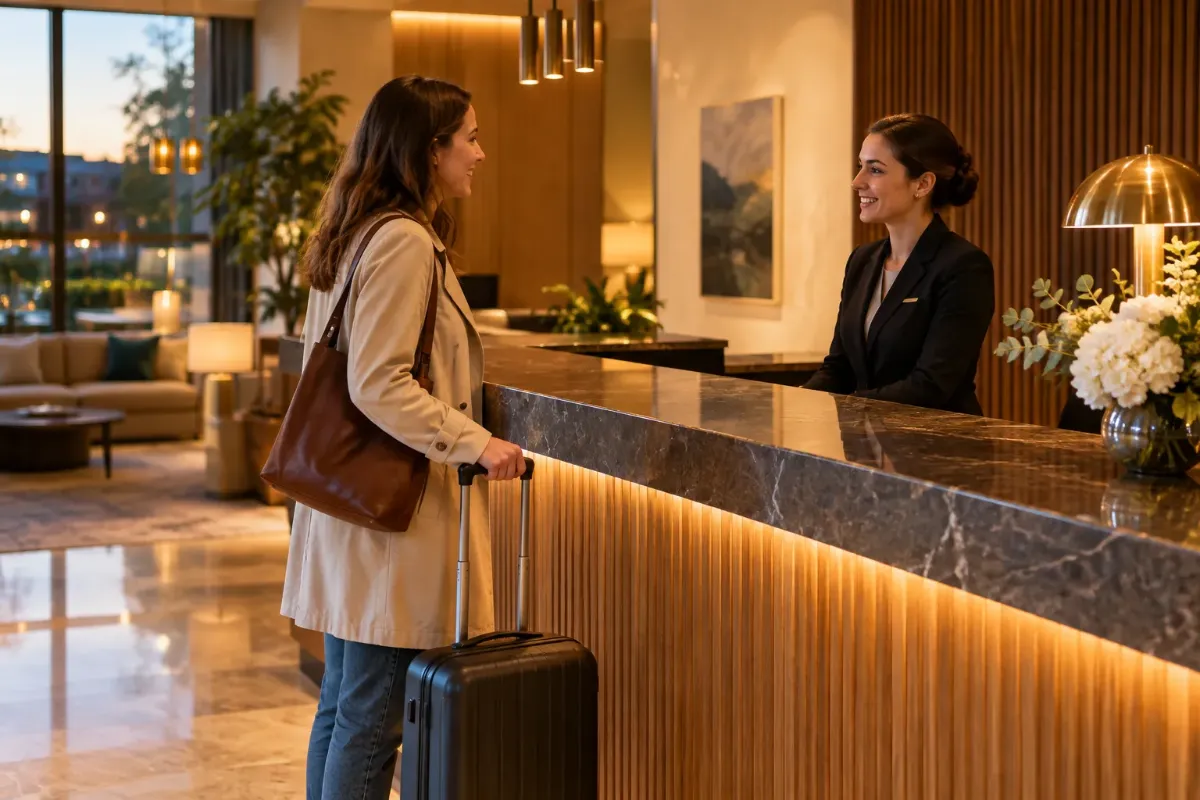Hotellgäst med resväska vid en hotellreception