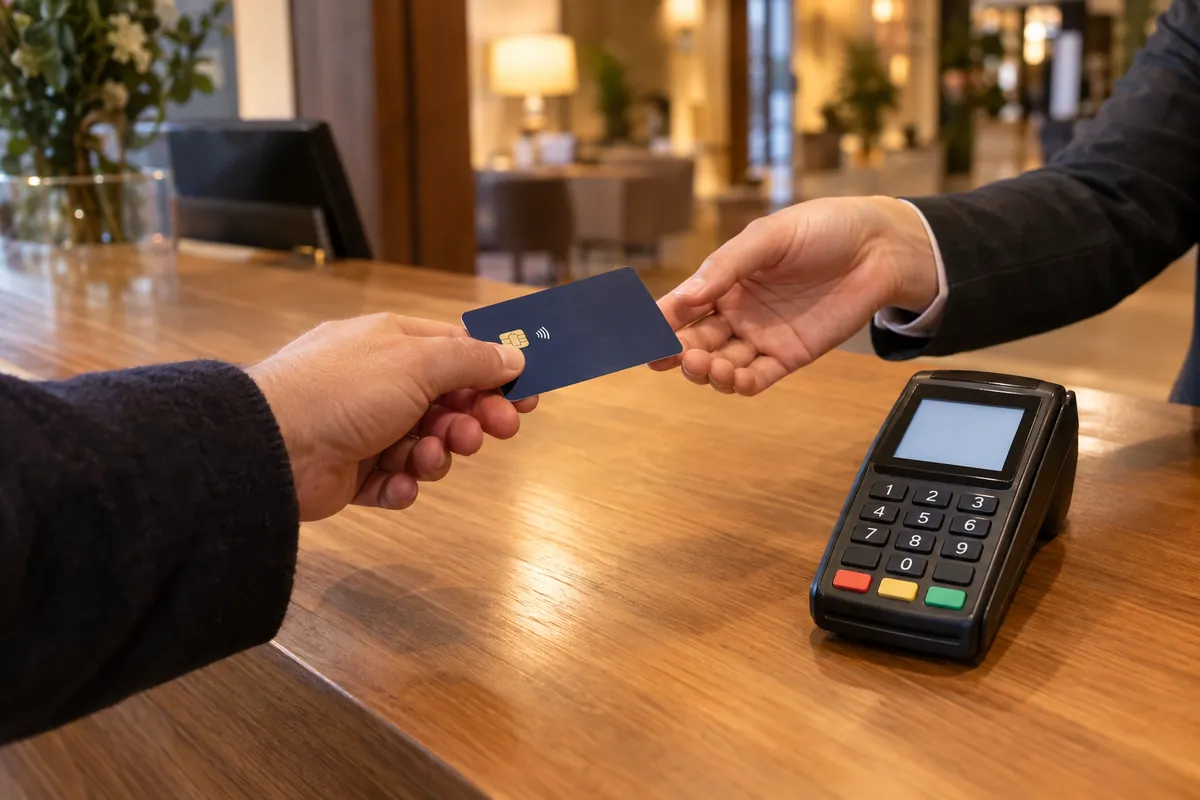 Hotellgäst räcker fram ett bankkort vid en hotellreception med en kortterminal på disken