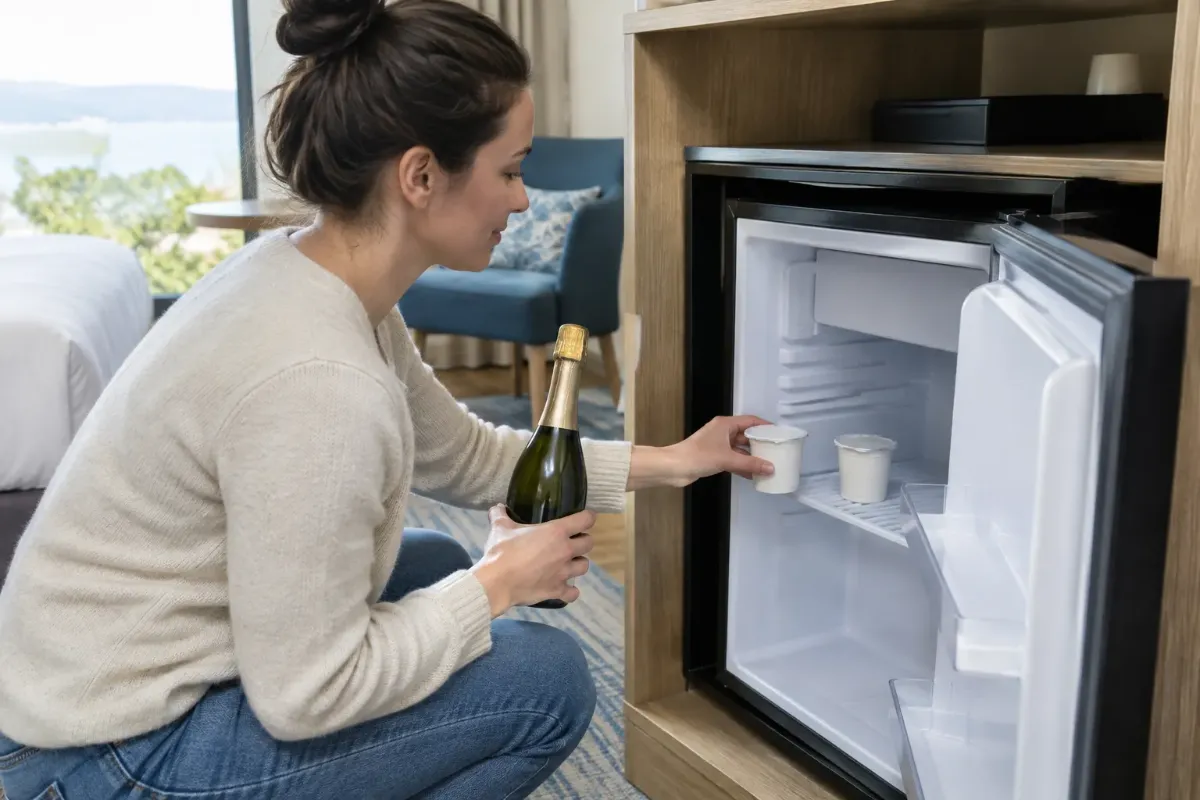 Hotellgäst ställer in egna yoghurtar och en flaska mousserande vin i ett tomt kylskåp på hotellrummet