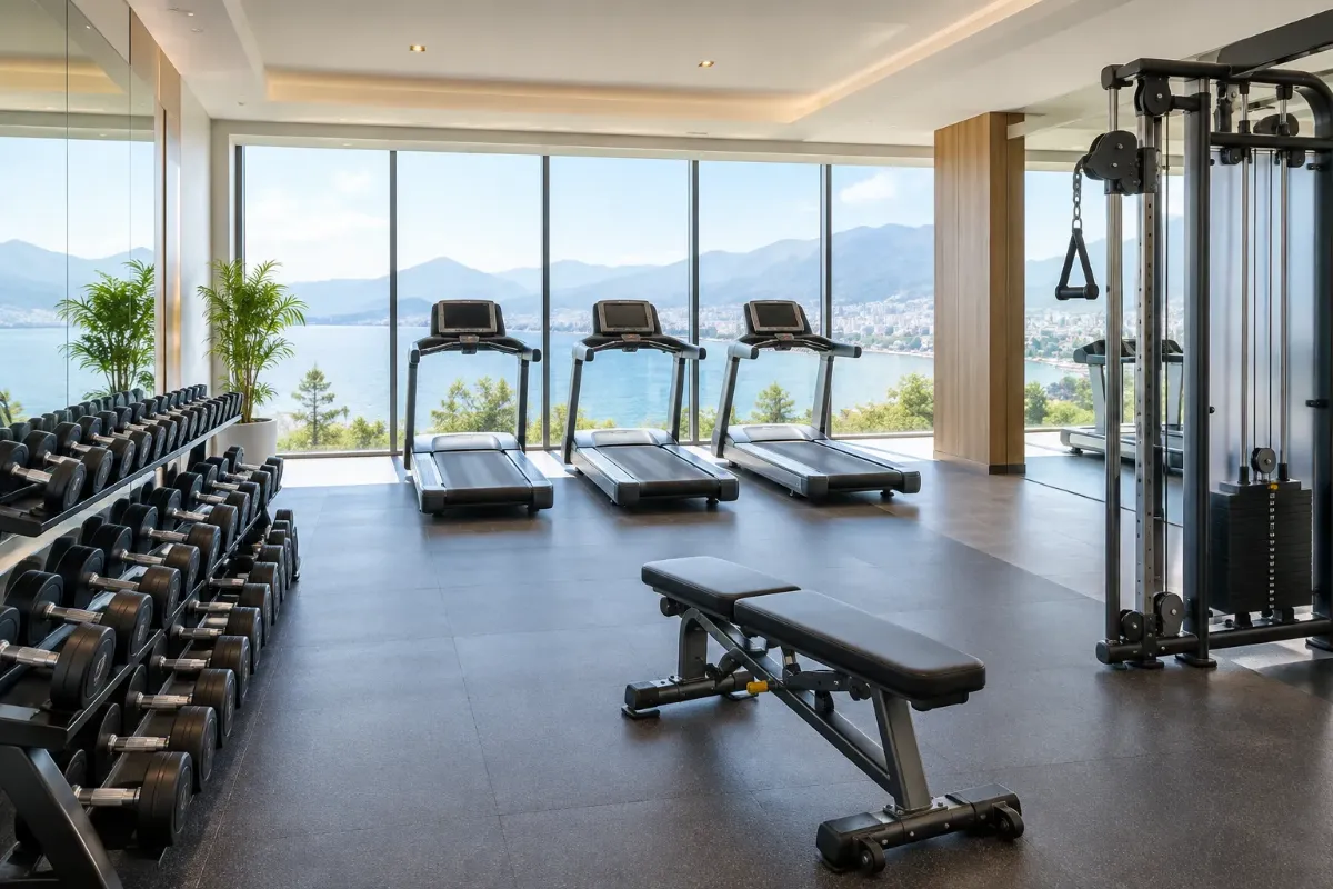Hotellgym med löpband, hantlar och stora fönster