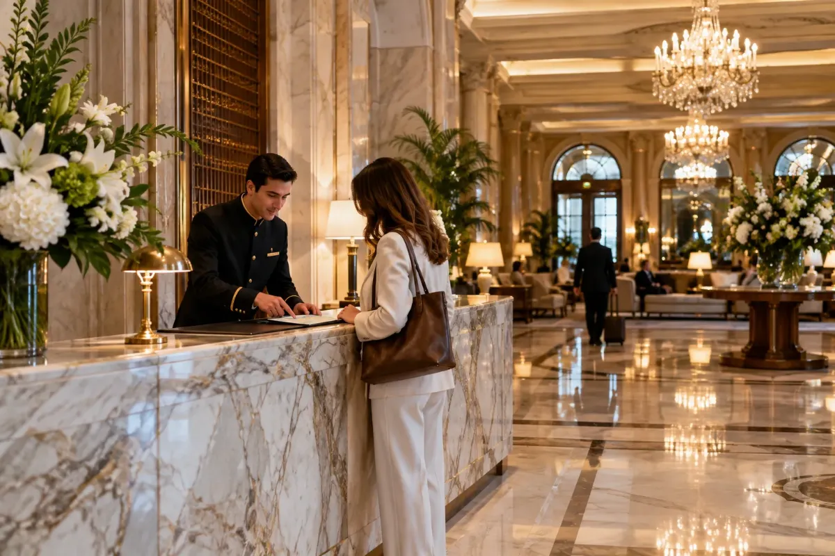 Elegant hotellobby med conciergedisk