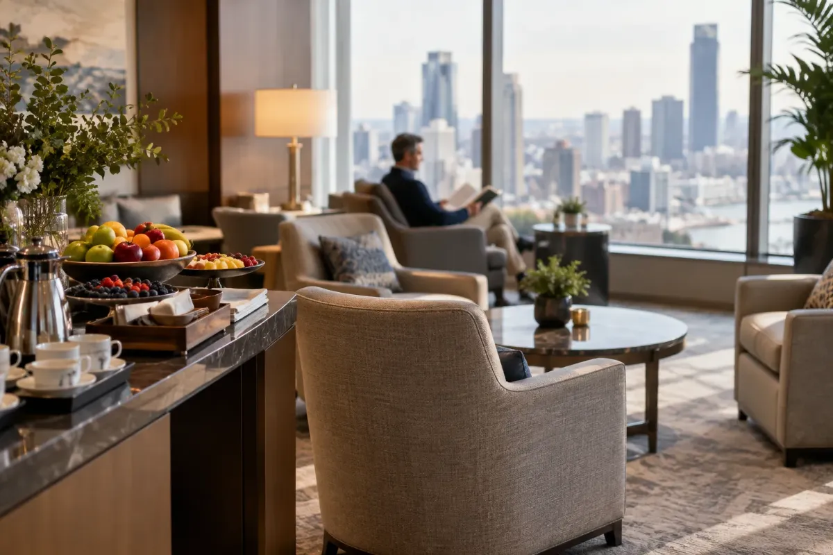 Hotellounge med fåtöljer och utsikt över staden