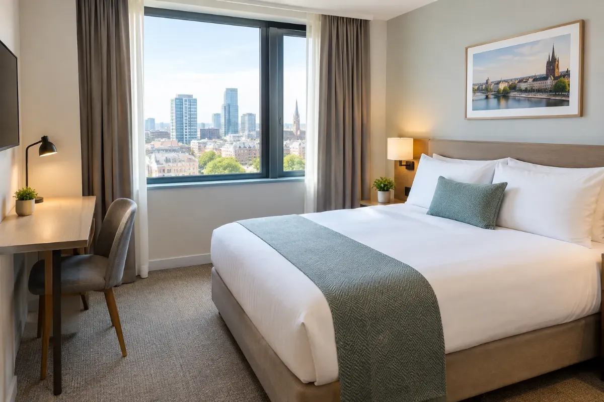 Ljust hotellrum med dubbelsäng och skrivbord