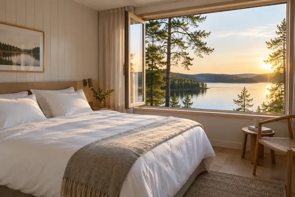 Hotellrum med bäddad dubbelsäng och utsikt över en sjö och skog en sommarkväll
