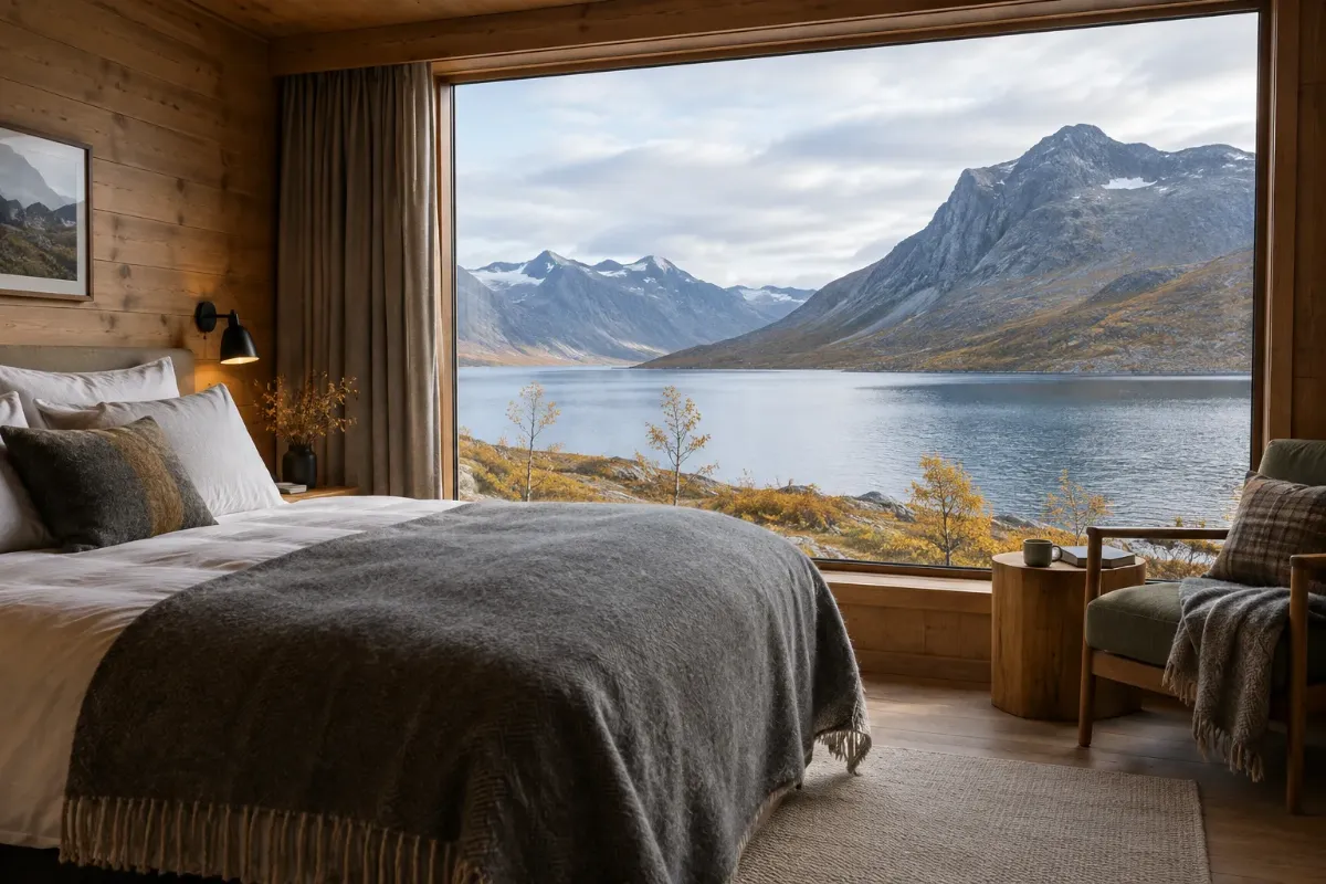 Hotellrum med stort fönster mot en fjällsjö och kala fjäll
