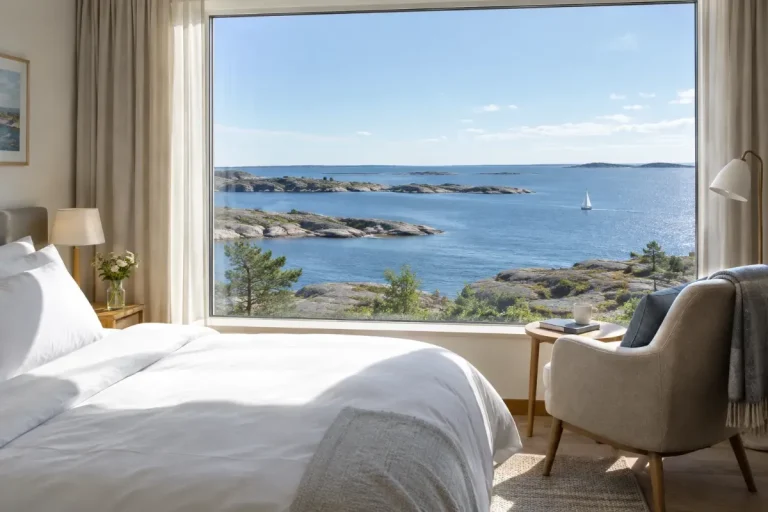 Hotellrum med stort fönster mot havet och en klippig skärgårdskust