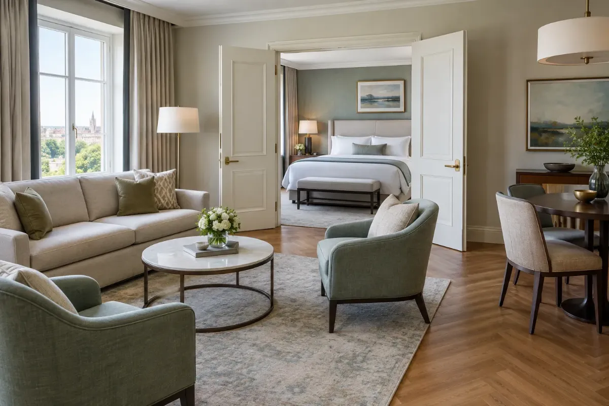 Hotellsvit med vardagsrum och öppen dörr in till sovrummet