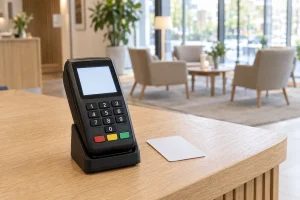 Hotellreception med en kortterminal och ett nyckelkort på disken