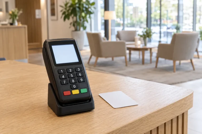 Hotellreception med en kortterminal och ett nyckelkort på disken