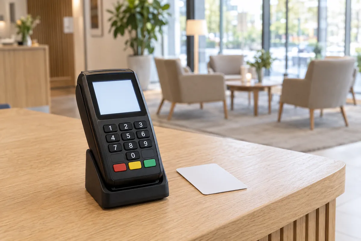 Hotellreception med en kortterminal och ett nyckelkort på disken