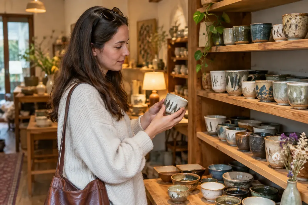 Kvinna väljer handgjorda tekoppar i en liten hantverksbutik