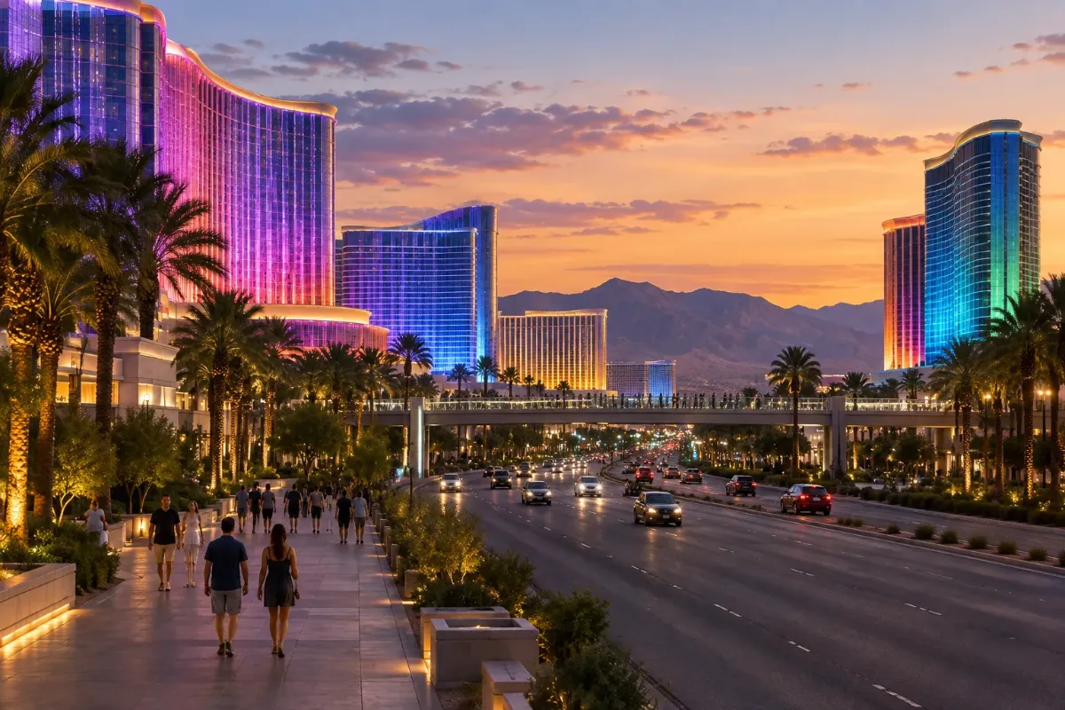 Stora hotellkomplex längs en upplyst boulevard i Las Vegas på kvällen