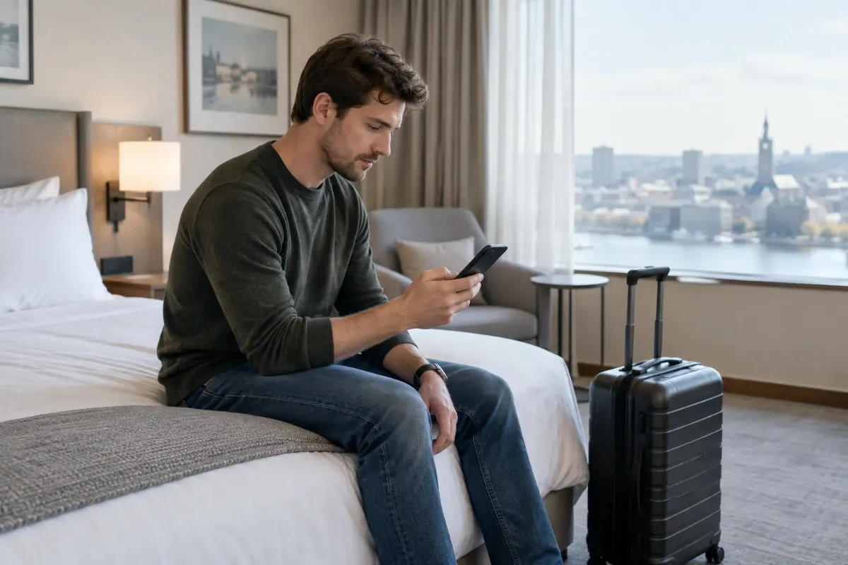 Hotellgäst läser bokningsvillkor i mobilen i ett hotellrum