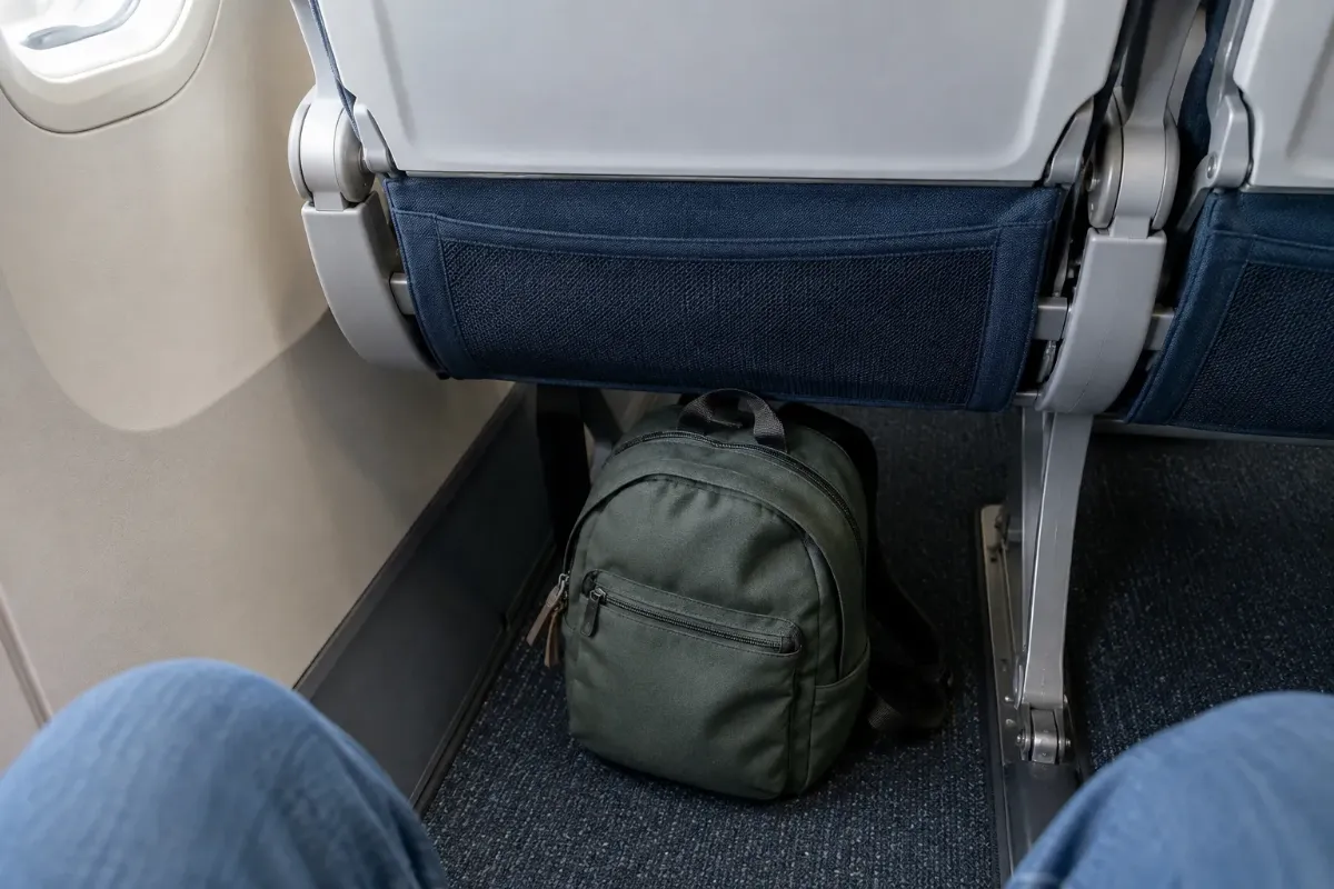 Liten ryggsäck på golvet under sätet framför i en flygplanskabin