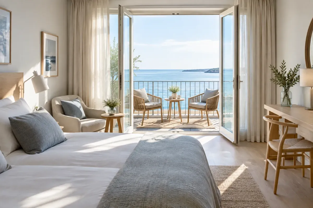 Ljust hotellrum med öppen balkongdörr och två stolar på balkongen
