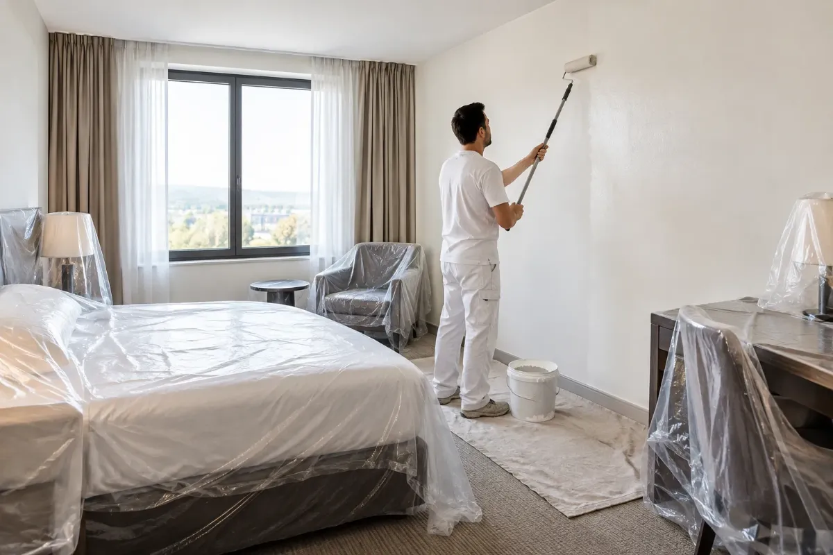 Målare rullar vit färg på väggen i ett hotellrum där sängen är täckt med skyddsplast