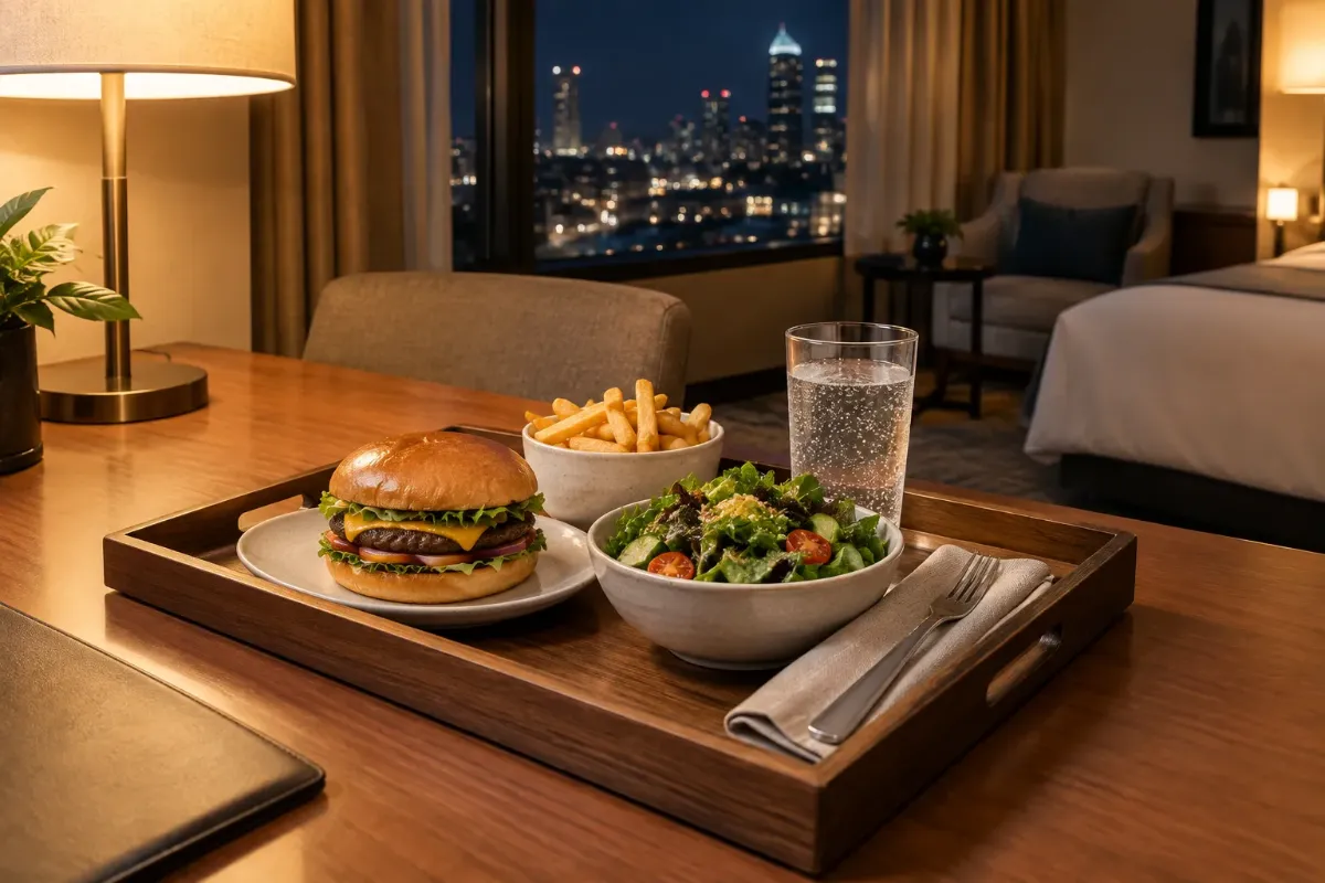 Middagsbricka med hamburgare, pommes frites och sallad på skrivbordet i ett hotellrum på kvällen