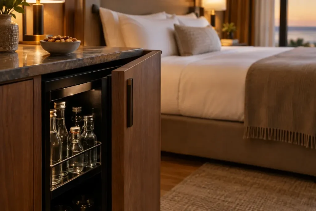 Minibar i ett hotellrum med små glasflaskor och en skål nötter ovanpå