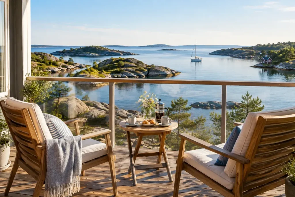 Möblerad hotellbalkong med två stolar och kaffekoppar mot en lugn skärgårdsvik