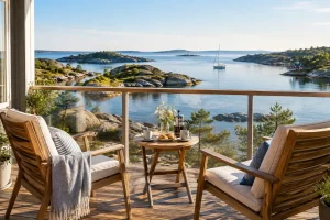 Möblerad hotellbalkong med två stolar och kaffekoppar mot en lugn skärgårdsvik