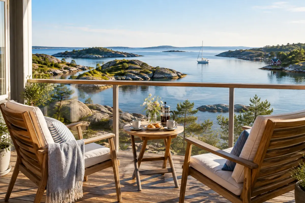 Möblerad hotellbalkong med två stolar och kaffekoppar mot en lugn skärgårdsvik