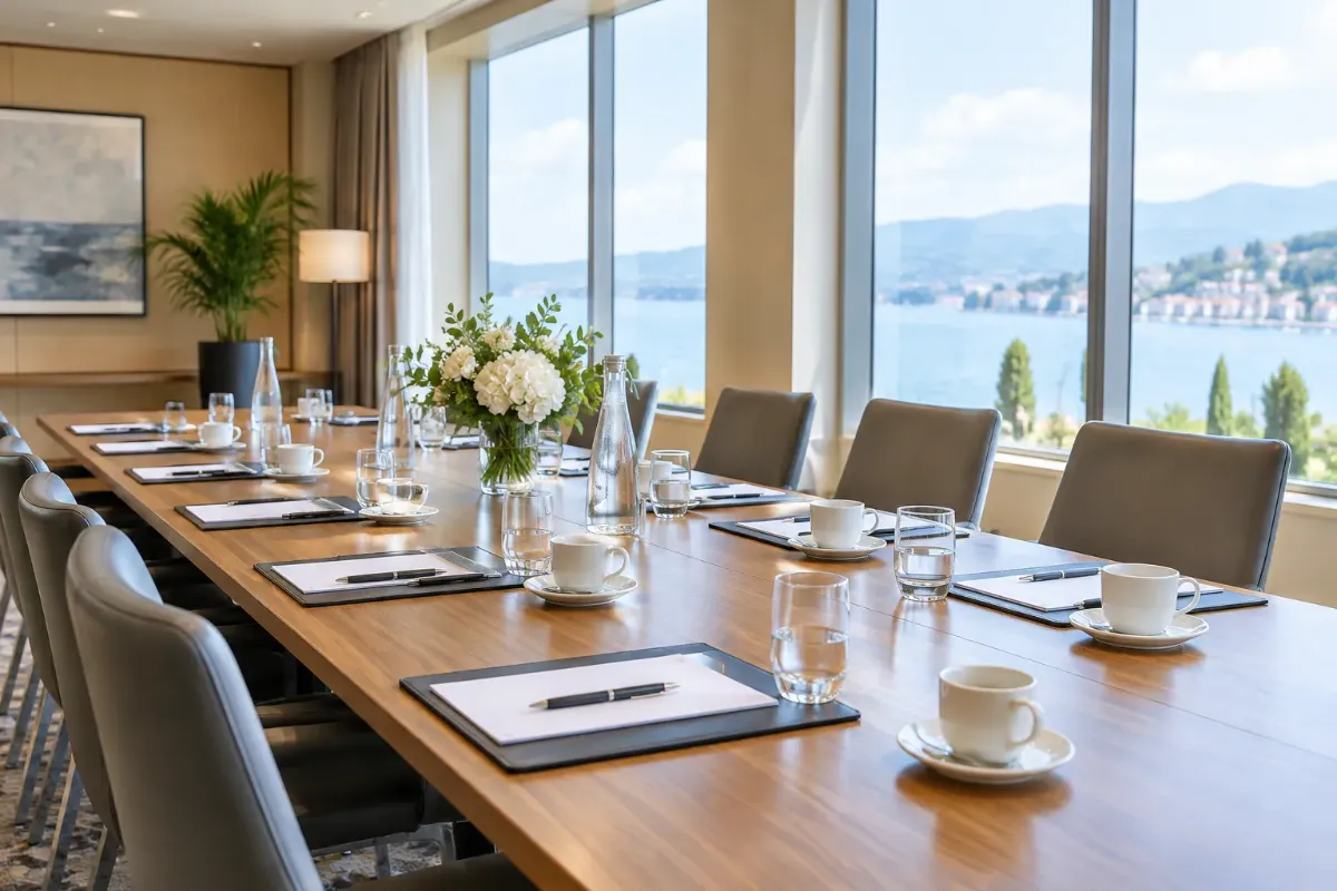 Mötesrum på hotell med ett långt bord dukat med block, pennor, vattenglas och kaffekoppar