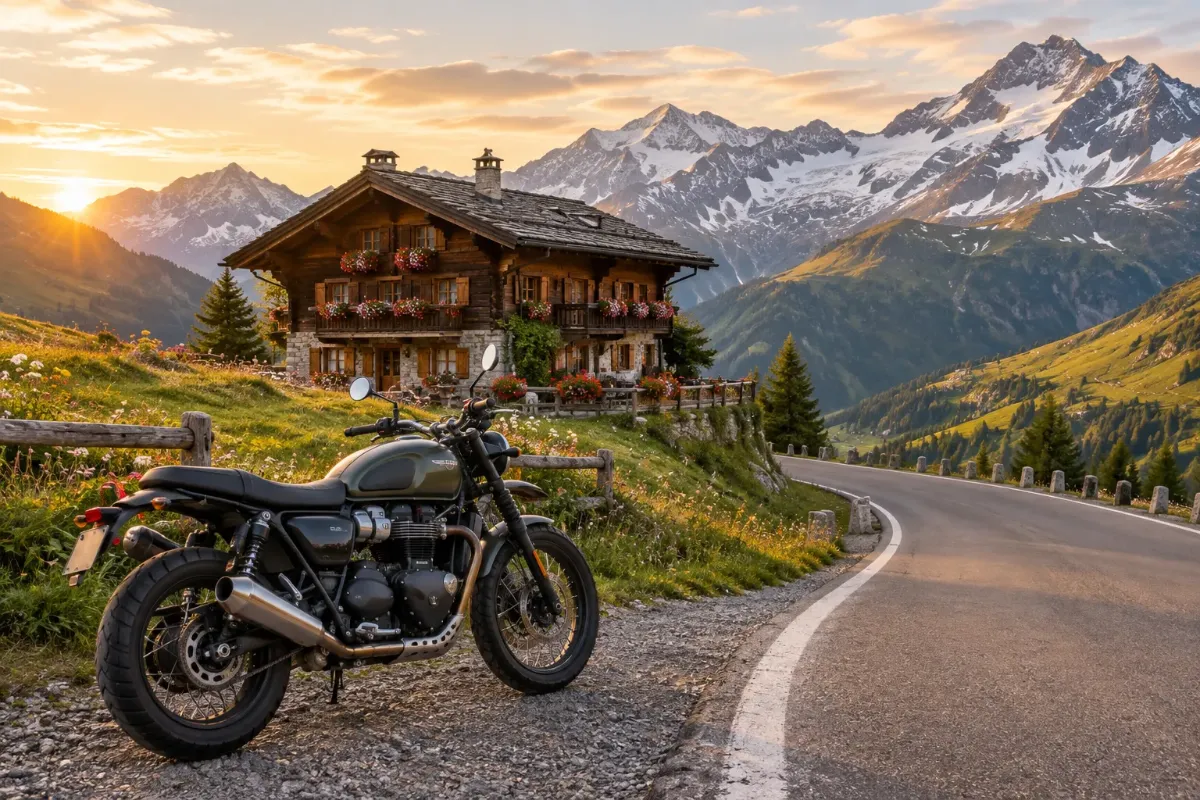 Motorcykel parkerad vid en slingrande bergsväg med ett litet hotell i Alperna