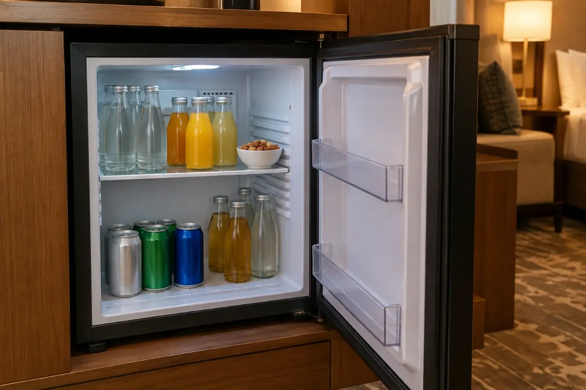 Öppen minibar på ett hotellrum med små flaskor, burkar och nötter på hyllorna